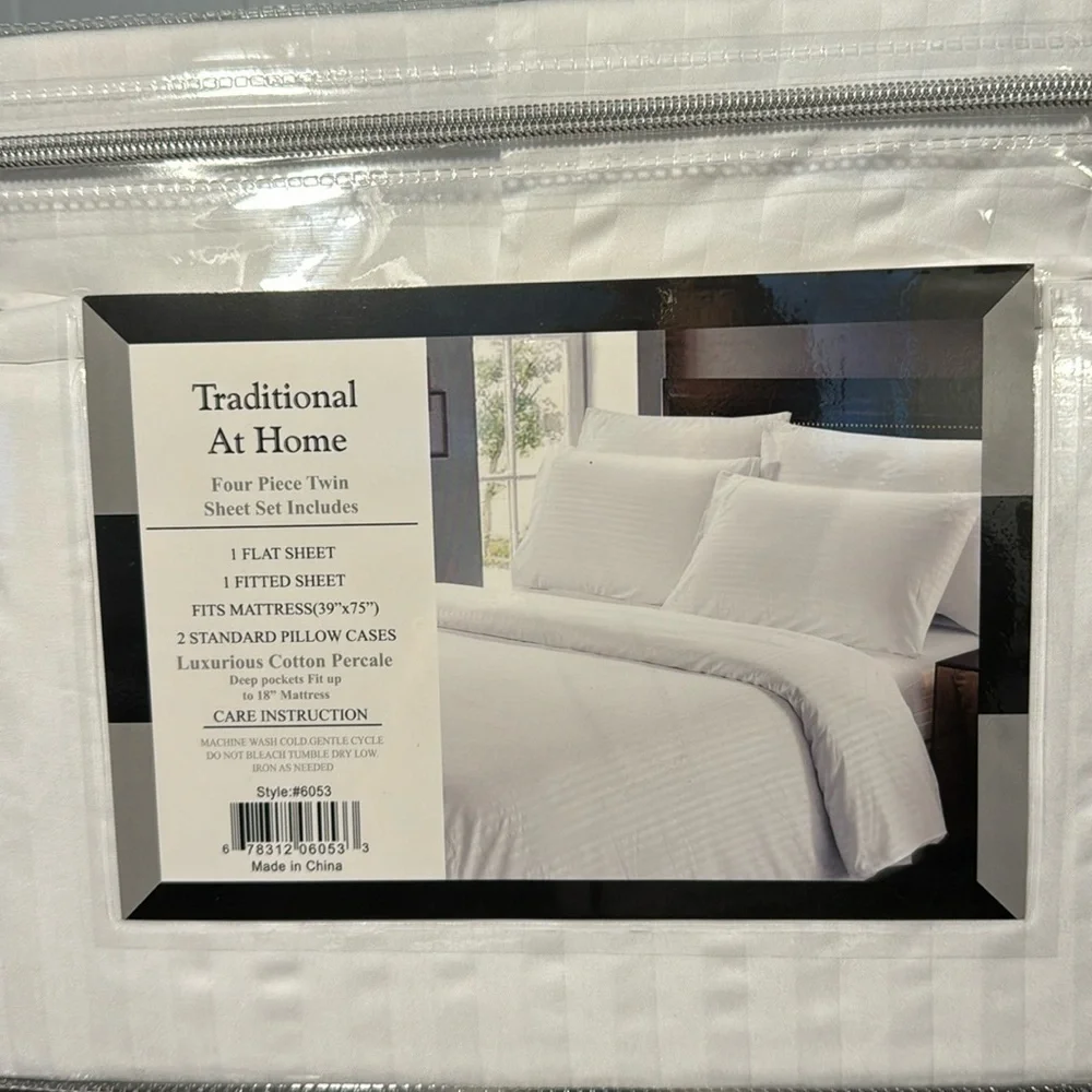 Traditional At Home 4pc Twin Sheet Set White as Snow Stripes embossed